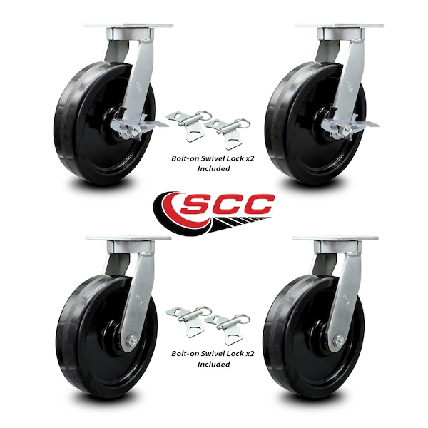 Service Caster 12 Inch Extra Heavy Duty Phenolic Wheel Caster Swivel Locks 2 Brakes SCC, 4PK SCC-KP92S1230-PHR-SLB-BSL-2-BSL-2 - main
